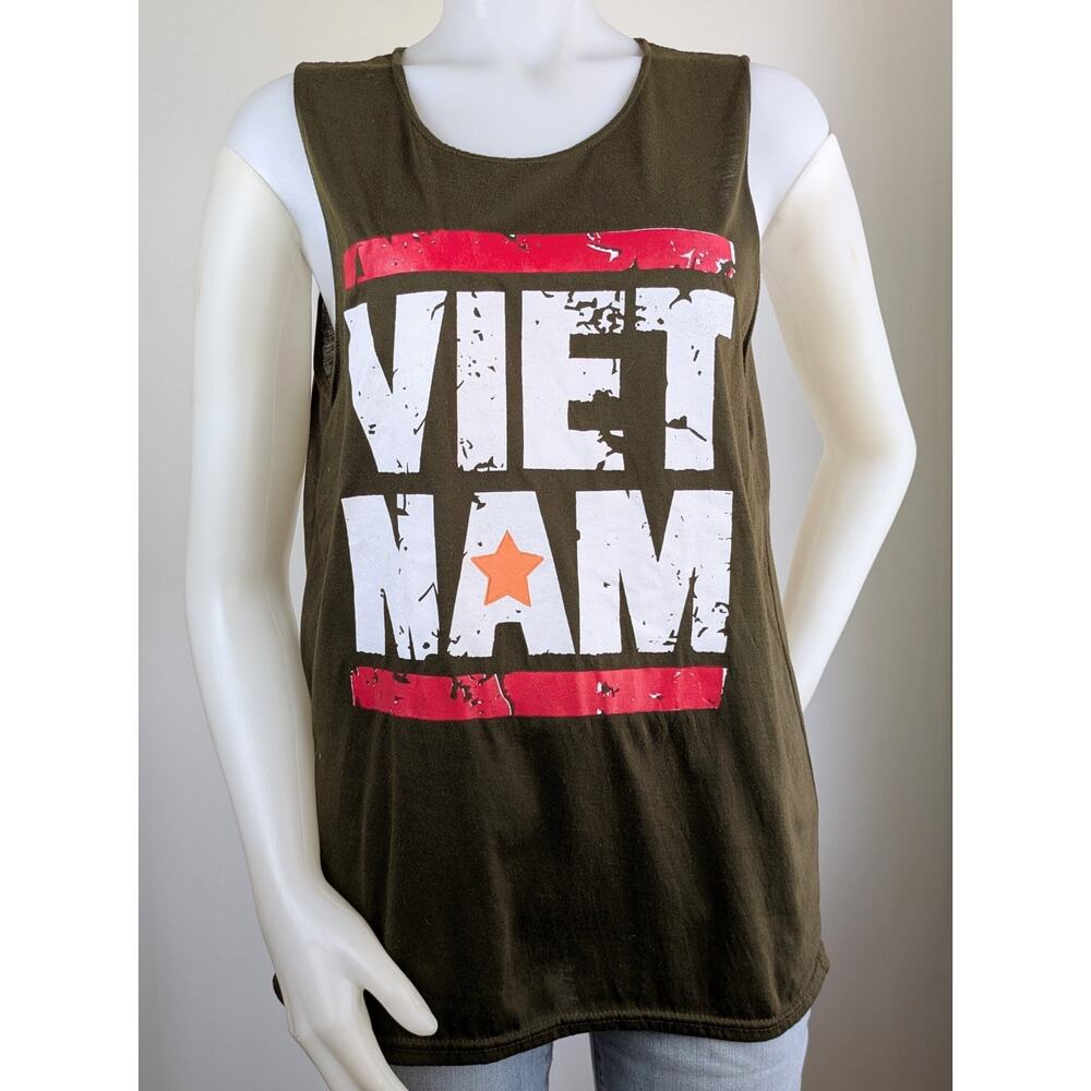 Hoang Phuong Vietnam Souvenir Tank Top Large Olive Green Distressed Graphic